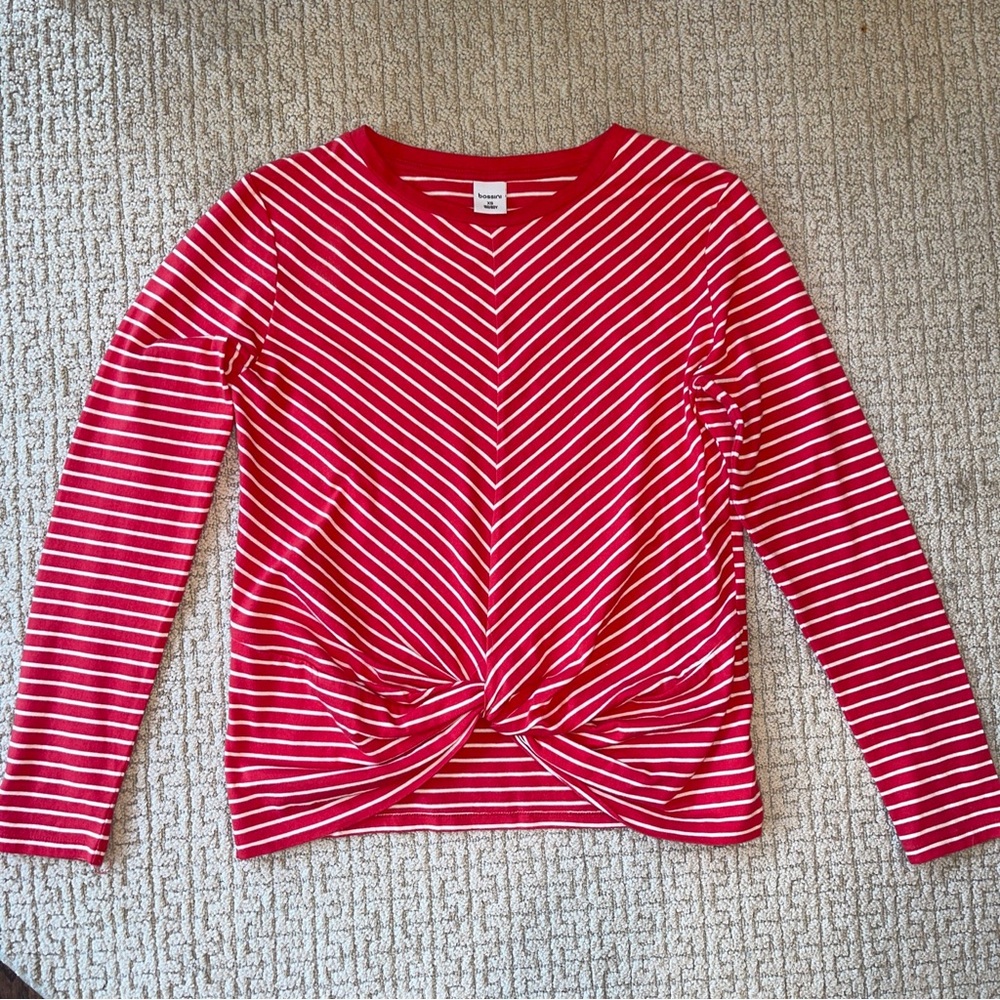 Bossini Twist Front Chevron Striped Red Long Sleeve Cotton Tee Women Sz XS NWOT
